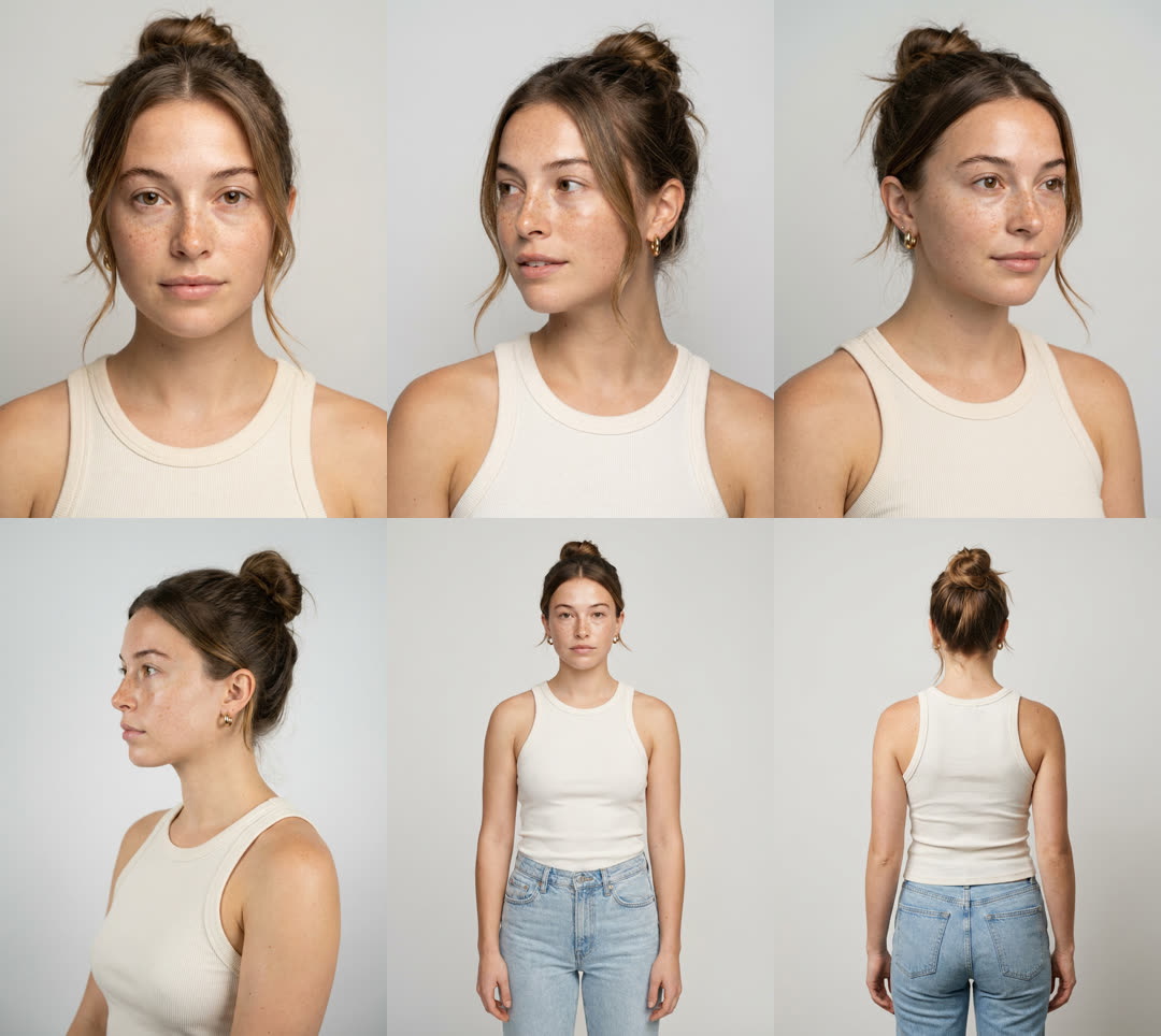 A six-angle character sheet of one woman: face close-up, three-quarter left, three-quarter right, side profile, full body and back view