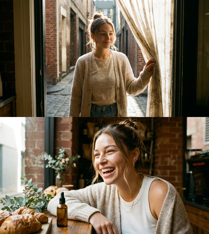 Two storyboard frames of the same woman in a Melbourne laneway cafe: stepping through a doorway, then laughing at the counter